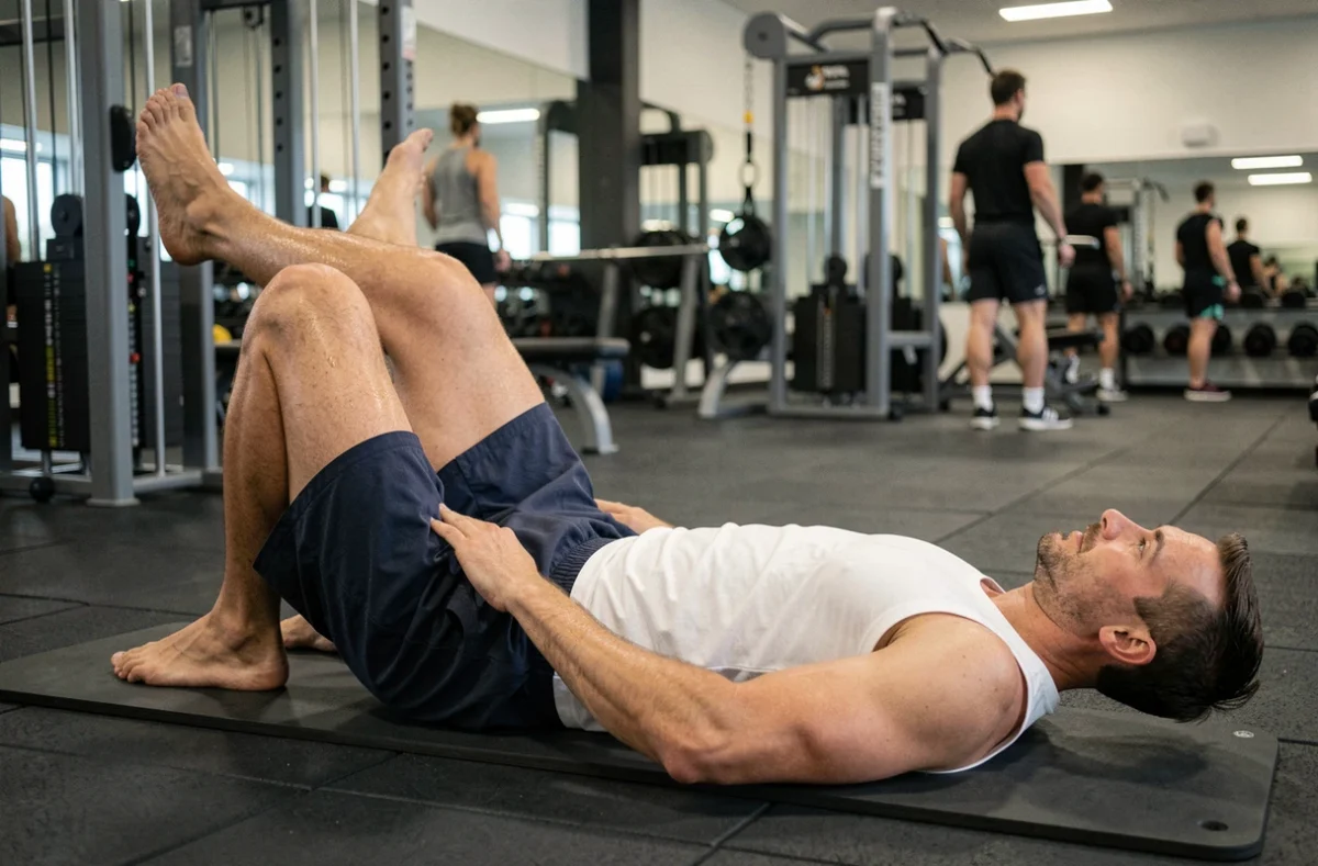 Homme réalisant l'exercice d'abdo ciseau dans une salle de musculation commerciale avec les jambes levées en alternance