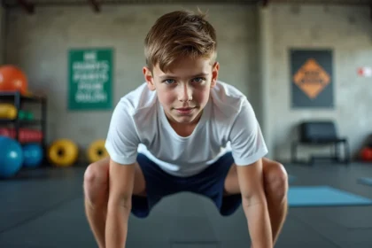 Jeune adolescent de 13 ans faisant des squats dans une salle de sport adaptée aux jeunes