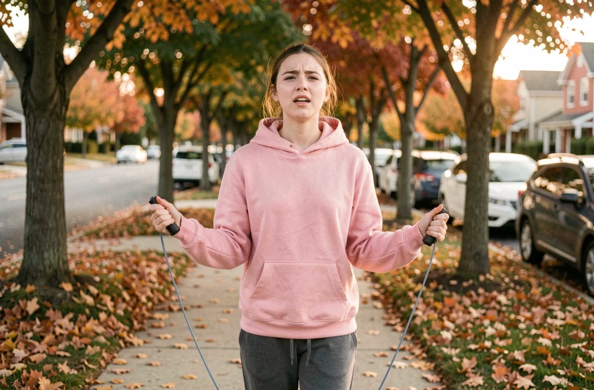 Adolescente sautant à la corde sur un trottoir en automne entouré de feuilles colorées