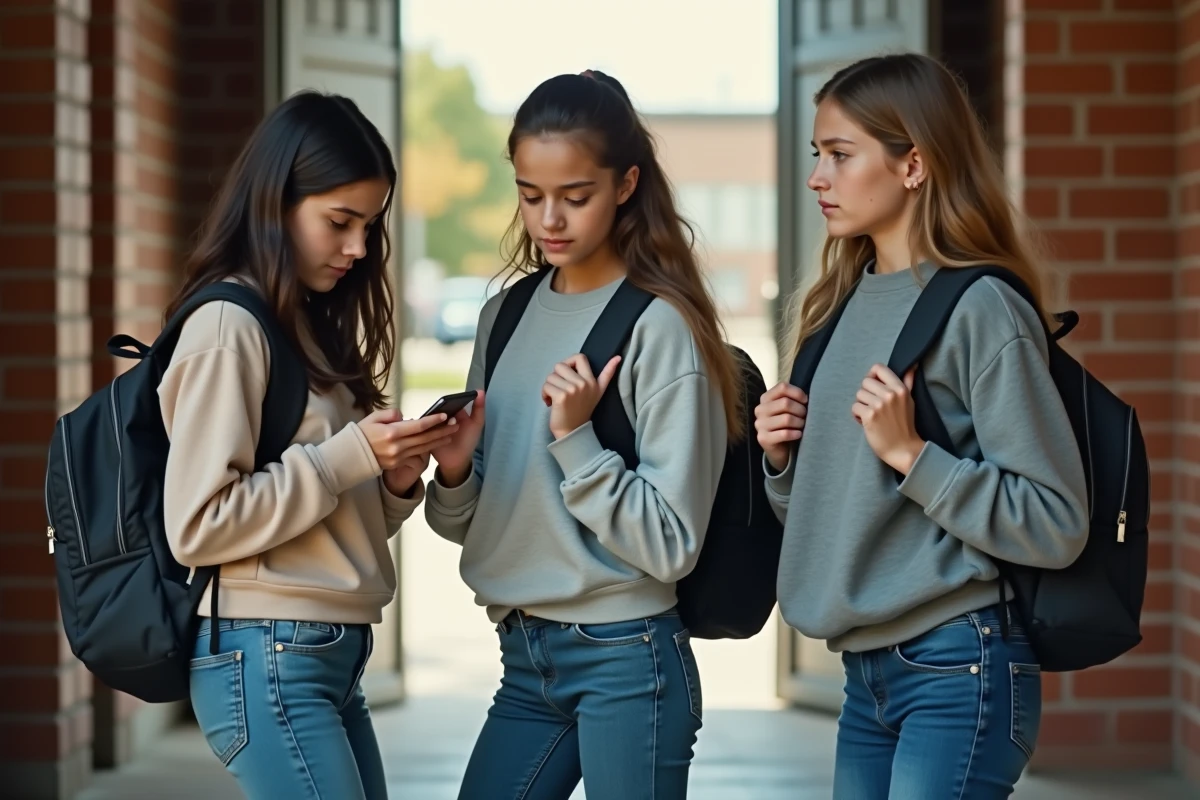 Trois adolescentes hésitantes devant l'entrée d'un gymnase scolaire, symbolisant les freins psychologiques et sociaux à la pratique sportive féminine