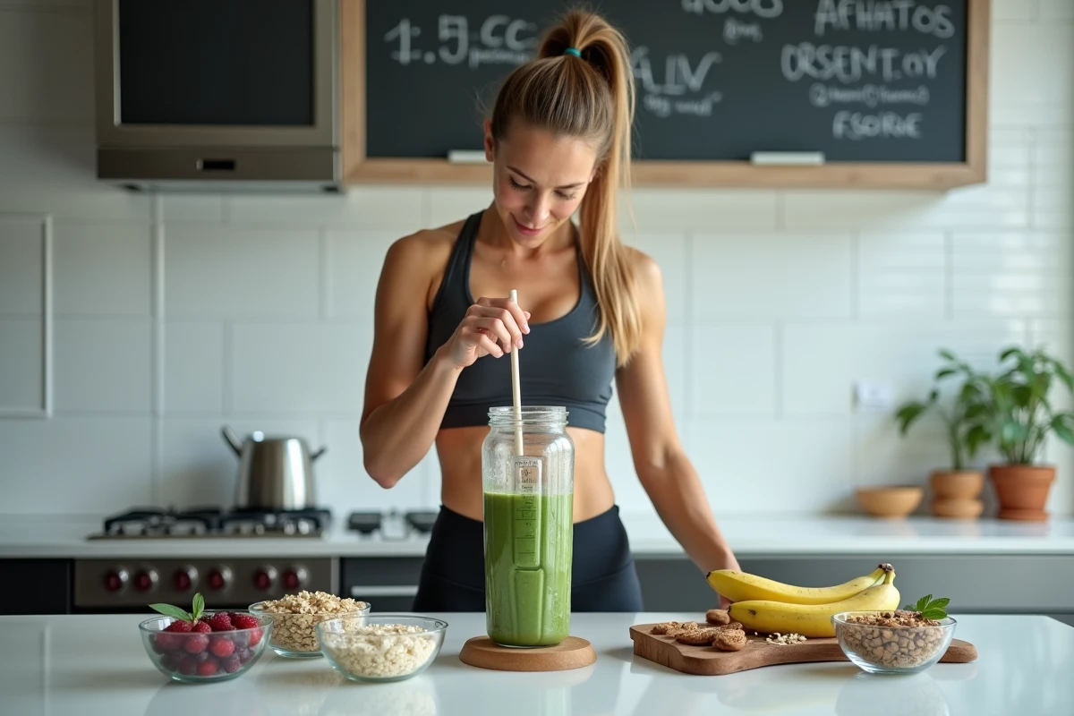Sportive préparant un smoothie protéiné avec des ingrédients sains pour une alimentation adaptée à l'effort