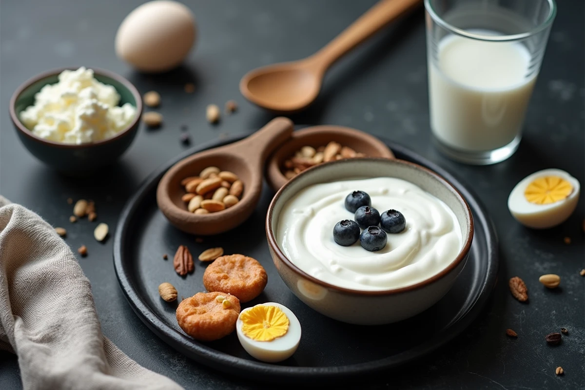 Vue de dessus d'une sélection d'aliments protéinés à consommer avant de se coucher sur une surface en ardoise