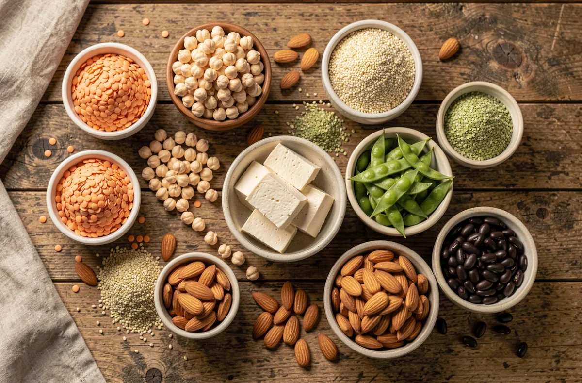 Vue de dessus d'une table en bois rustique avec des aliments riches en protéines végétales : lentilles, pois chiches, tofu, quinoa, amandes et haricots noirs dans des bols en céramique