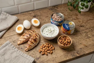 Sélection d'aliments riches en protéines disposés en flat-lay sur un plan de travail en bois : poulet grillé, œufs durs, yaourt grec, thon et amandes