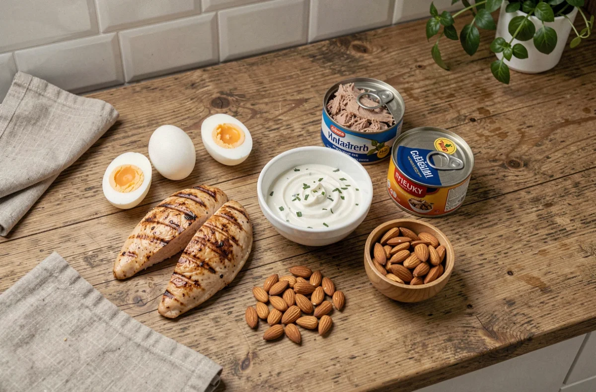 Sélection d'aliments riches en protéines disposés en flat-lay sur un plan de travail en bois : poulet grillé, œufs durs, yaourt grec, thon et amandes