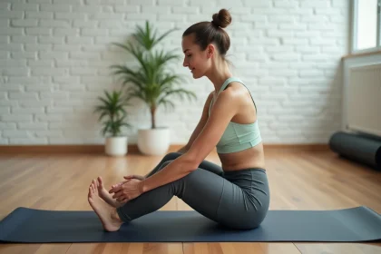 Femme assise sur un tapis de yoga replié utilisé comme alternative à un ballon de Pilates pour renforcer le gainage