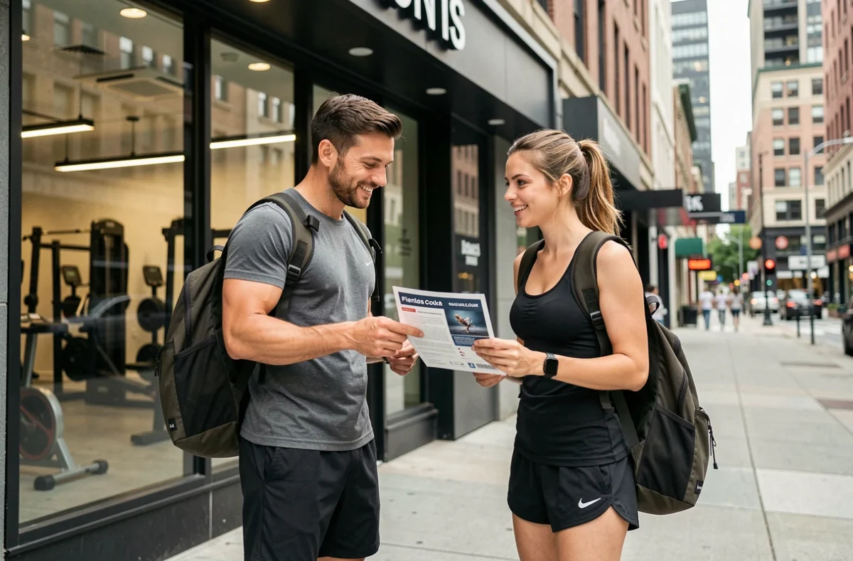 Deux amis discutent d'une offre promotionnelle d'abonnement devant l'entrée d'une salle de sport