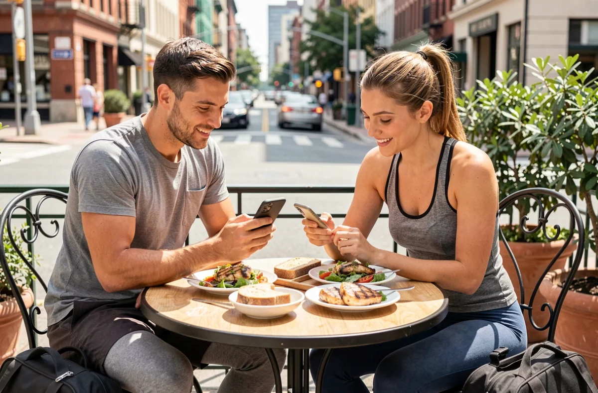 Deux amis sportifs partageant un repas équilibré en terrasse après l'entraînement et consultant un programme sportif