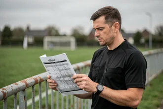 Arbitre de football amateur consultant le classement de district après une journée de championnat