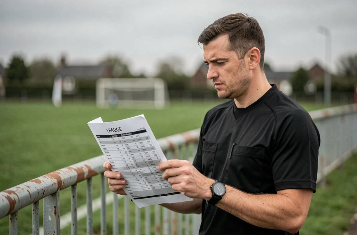 Arbitre de football amateur consultant le classement de district après une journée de championnat