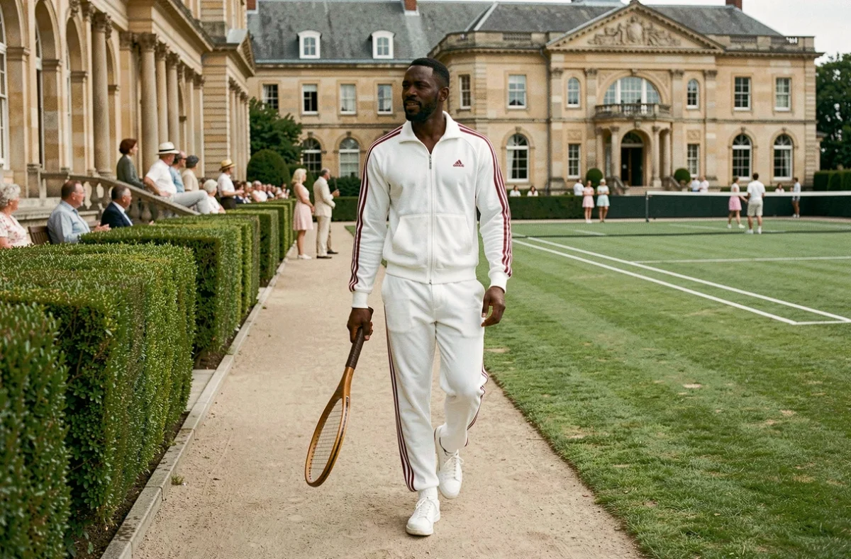 Joueur de tennis afro-américain en survêtement blanc marchant sur les allées d'un club de tennis historique sur gazon, symbolisant le parcours historique d'Arthur Ashe dans les tournois du Grand Chelem