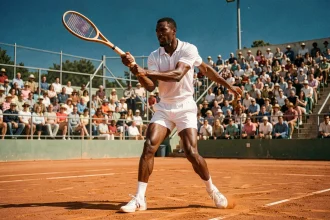 Joueur de tennis afro-américain des années 70 en plein élan sur un court en terre battue devant un stade bondé, incarnant l'esprit pionnier d'Arthur Ashe
