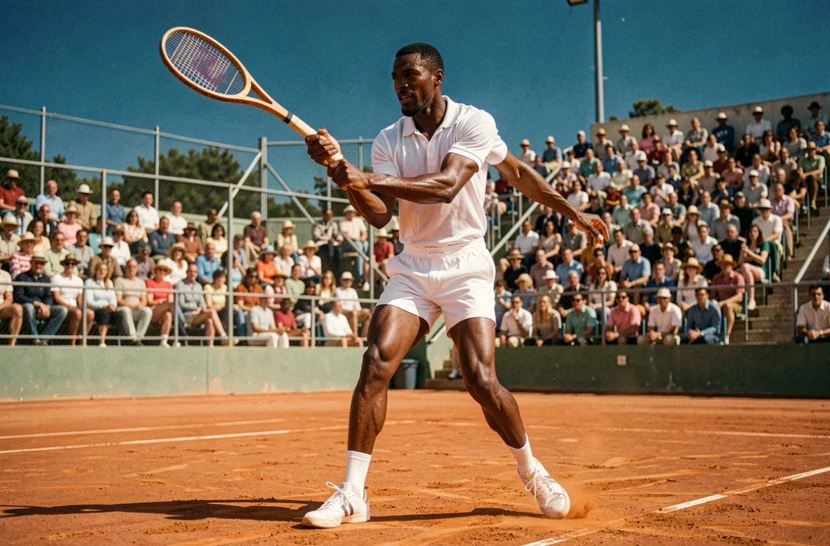 Joueur de tennis afro-américain des années 70 en plein élan sur un court en terre battue devant un stade bondé, incarnant l'esprit pionnier d'Arthur Ashe