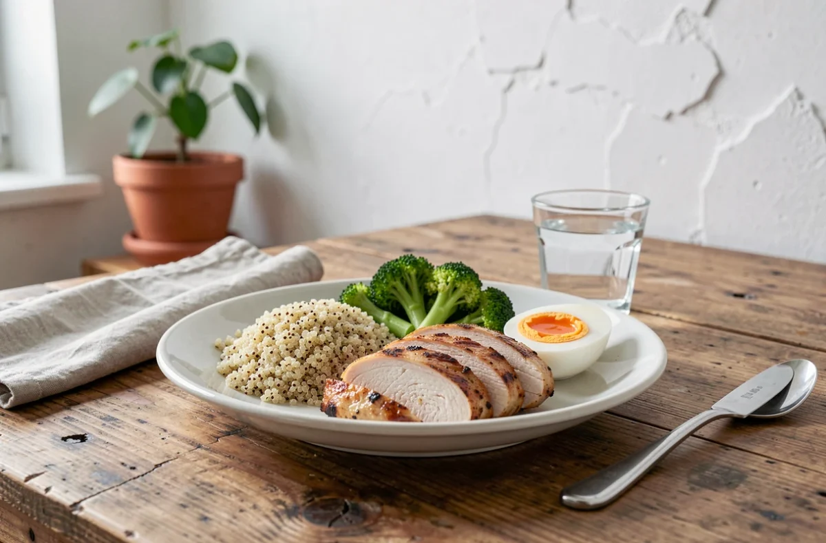 Assiette équilibrée riche en protéines avec quinoa, poulet grillé, brocoli vapeur et œuf mollet sur une table en bois
