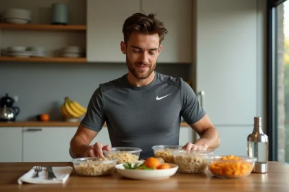 Athlète d'endurance préparant ses repas riches en glucides après l'entraînement dans une cuisine moderne