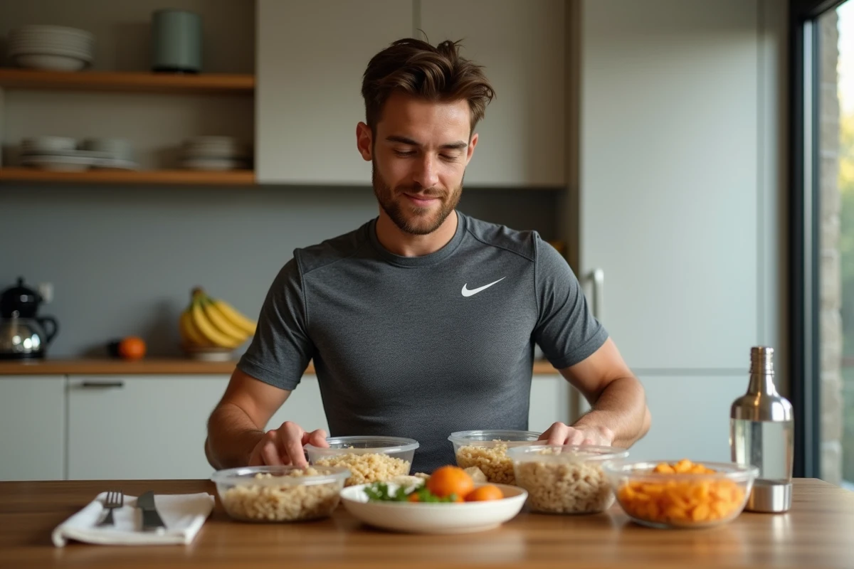 Athlète d'endurance préparant ses repas riches en glucides après l'entraînement dans une cuisine moderne