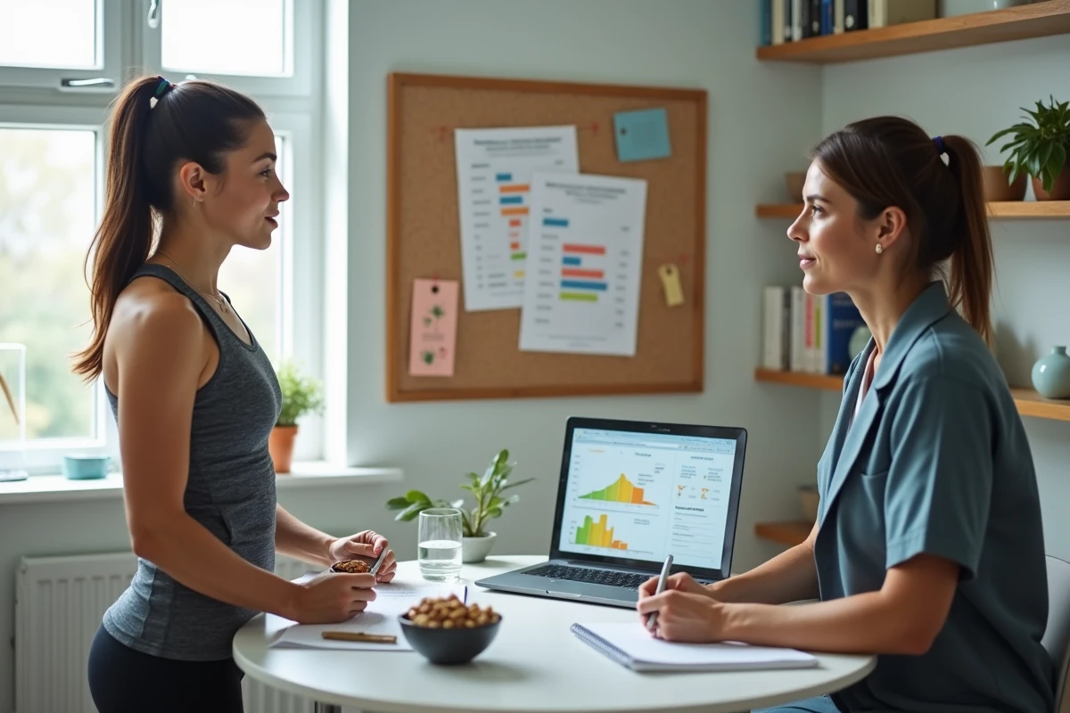 Athlète féminine professionnelle en consultation diététique sportive avec une nutritionniste, analysant un plan alimentaire