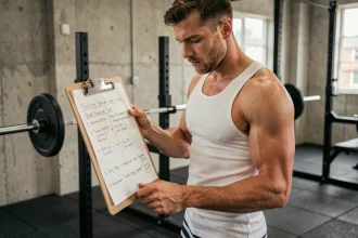 Haltérophile masculin étudiant un cycle d'entraînement annoté sur un clipboard dans une salle de musculation fonctionnelle