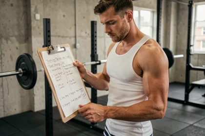 Haltérophile masculin étudiant un cycle d'entraînement annoté sur un clipboard dans une salle de musculation fonctionnelle