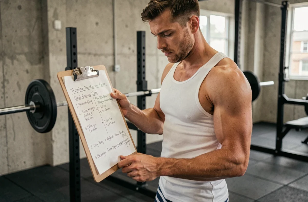 Haltérophile masculin étudiant un cycle d'entraînement annoté sur un clipboard dans une salle de musculation fonctionnelle