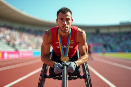 Athlète paralympique en fauteuil roulant de course portant plusieurs médailles d'or dans un stade d'athlétisme