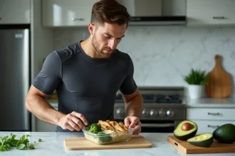Athlète professionnel préparant un repas équilibré avec poulet grillé, quinoa et légumes dans une cuisine moderne