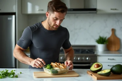 Athlète professionnel préparant un repas équilibré avec poulet grillé, quinoa et légumes dans une cuisine moderne