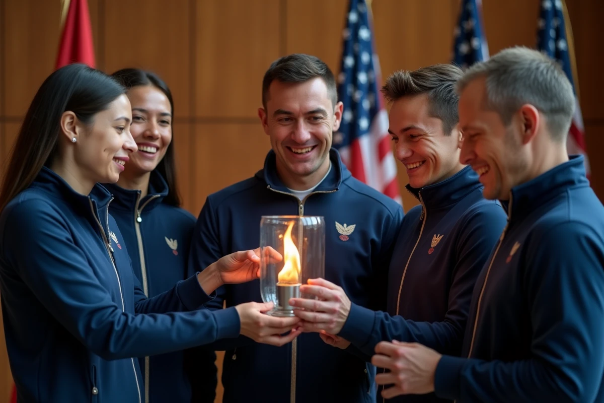 Groupe d'athlètes paralympiques réunis autour d'une lanterne contenant la flamme paralympique lors d'une cérémonie intérieure officielle
