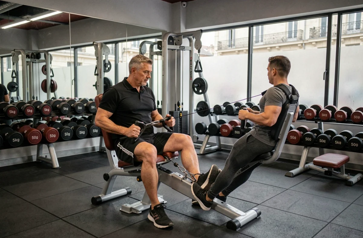 Athletic Gym à Dijon avec machines professionnelles, haltères lourds et coach accompagnant un membre