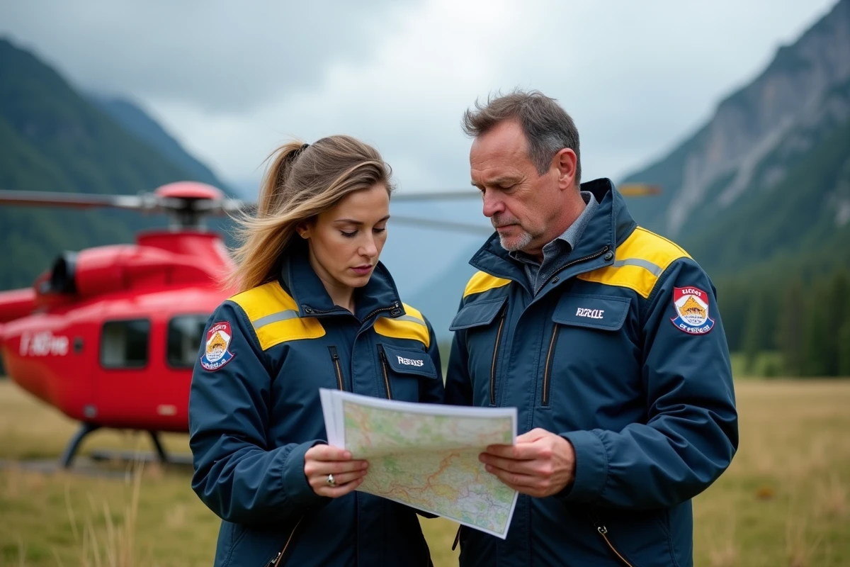 Deux bénévoles du secours en montagne en uniforme consultant une carte topographique devant un hélicoptère de sauvetage rouge dans une prairie alpine