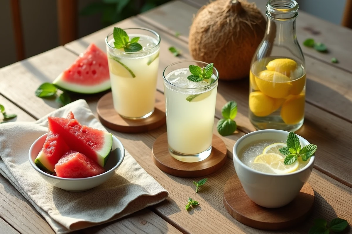 Assortiment de boissons hydratantes sur une table en bois rustique : eau de coco, pastèque, tisane et eau citronnée, pour illustrer les meilleures boissons pour hydrater le corps