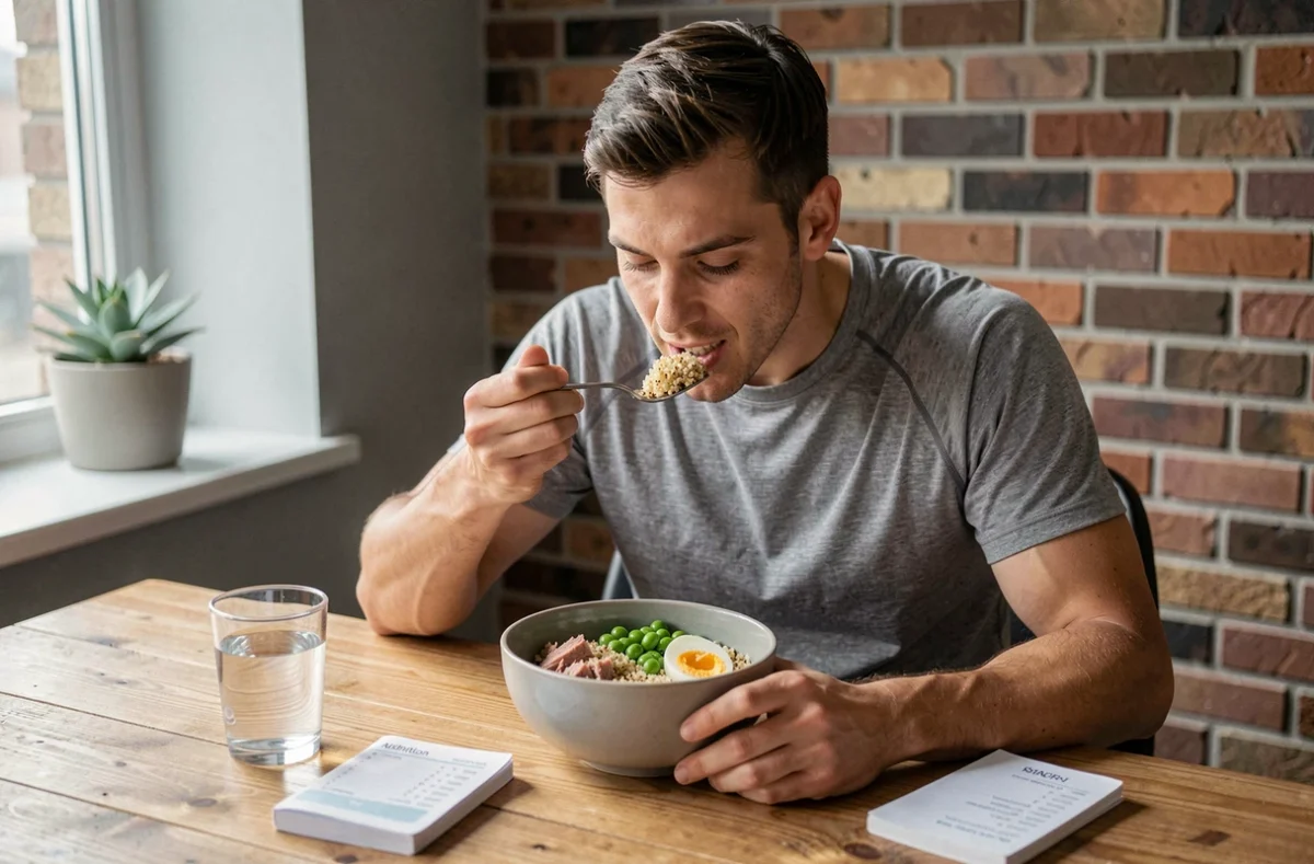 Homme mangeant un bol protéiné au quinoa et thon dans un appartement minimaliste avec carnet de nutrition