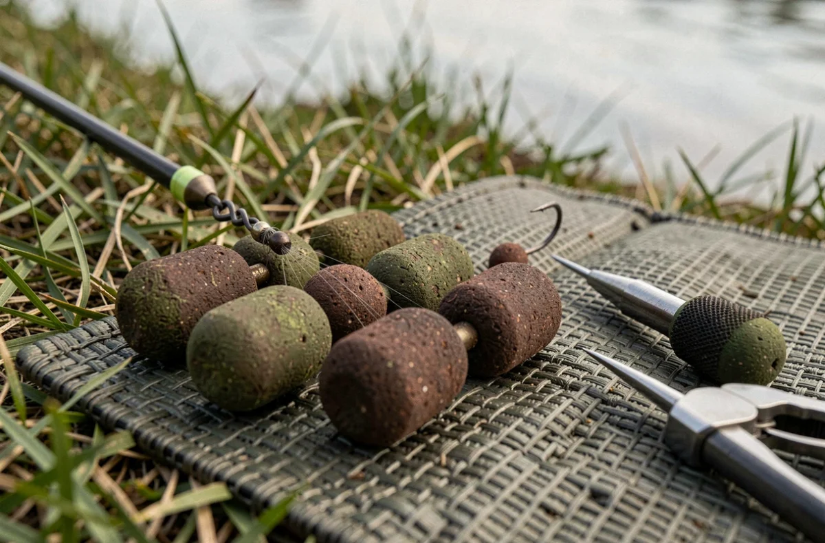Bouillettes dumbbell allongées sur montage anti-éjection avec aiguille à appâts sur tapis de pêche