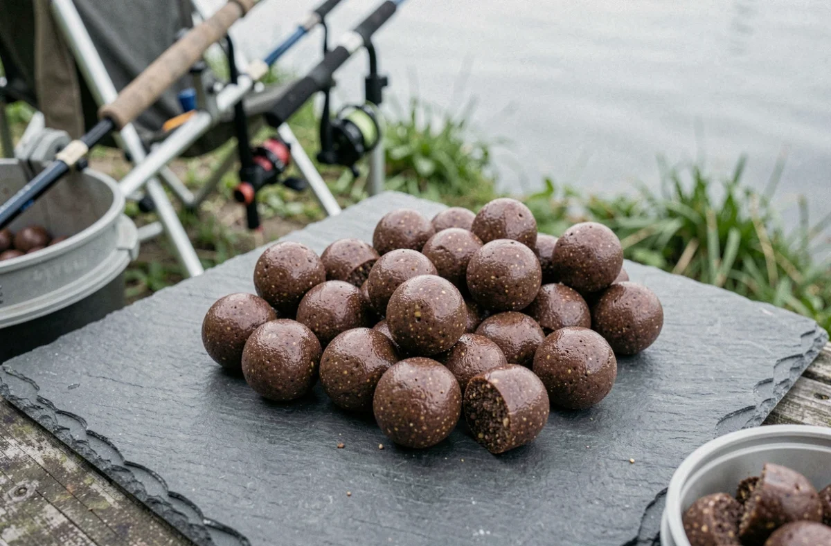 Bouillettes fishmeal haute digestibilité de 14 mm posées sur une ardoise au bord de l'eau
