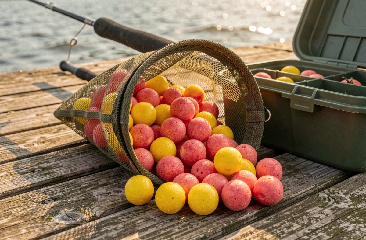 Bouillettes fruitées fraise et ananas à diffusion rapide répandues sur un ponton en bois