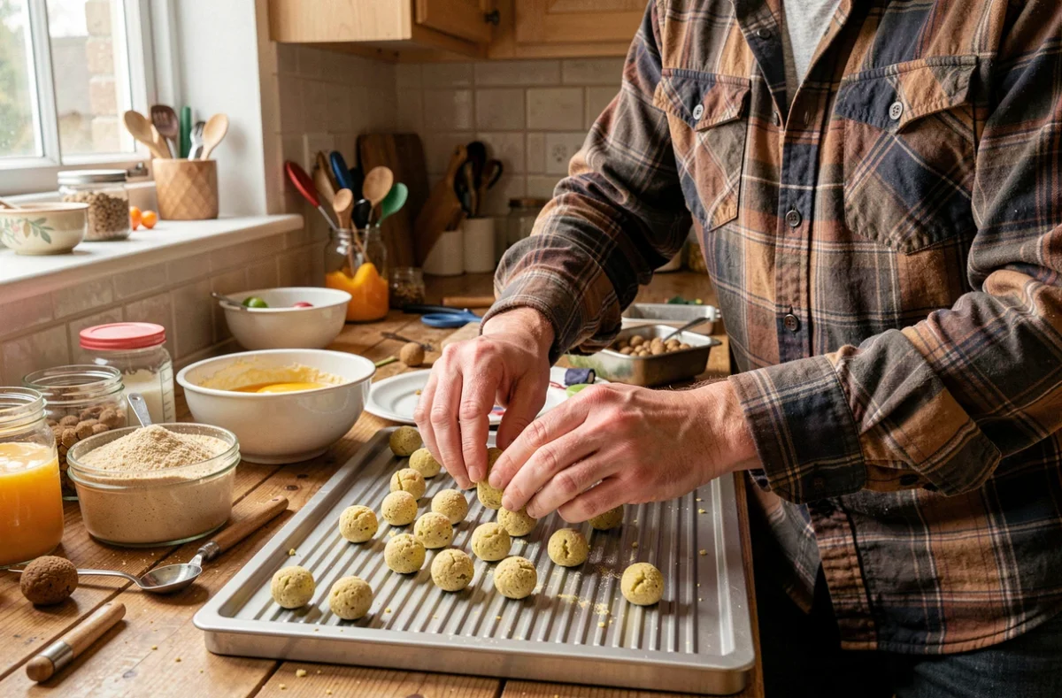 Pêcheur préparant des bouillettes maison à base d'œuf et semoule fine sur table à rouler
