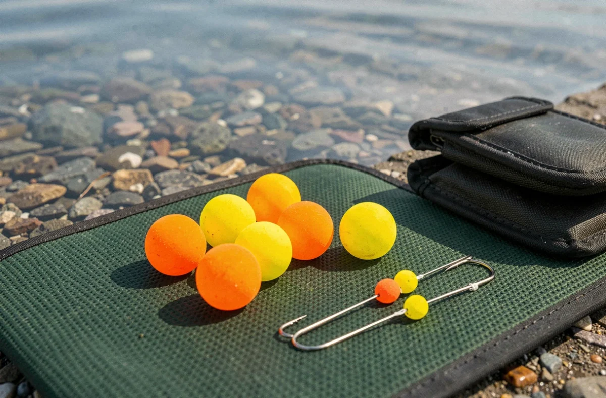 Bouillettes pop-up fluo jaunes et oranges sur tapis de pêche en bordure d'un lac limpide