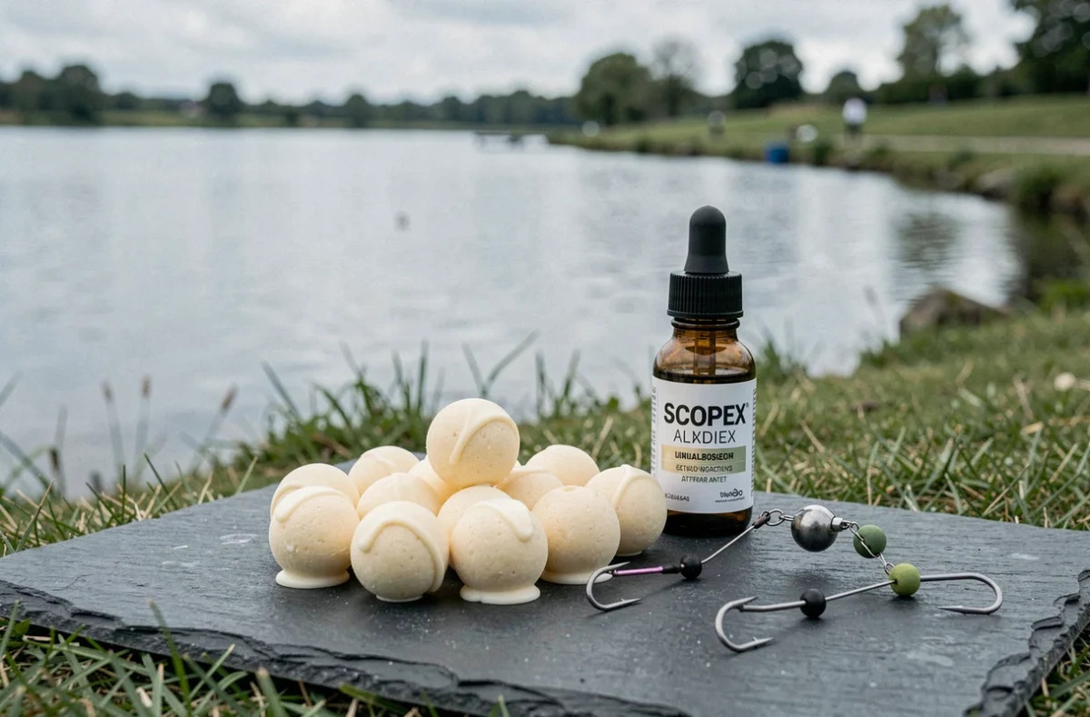 Bouillettes scopex-crème sur ardoise avec flacon d'attractant pour plan d'eau surpêché