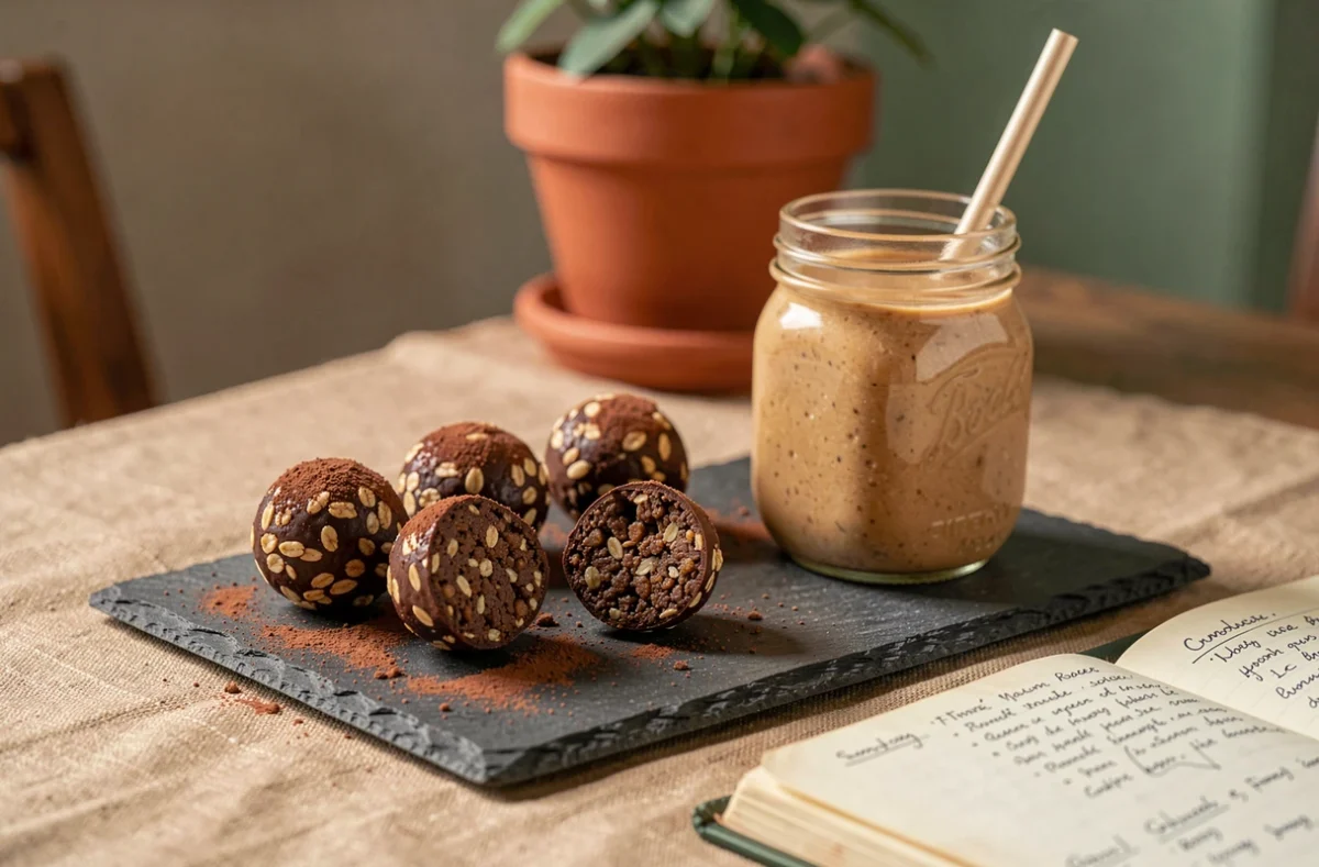 Boules d'énergie protéinées maison au beurre de cacahuète et chocolat noir présentées sur une ardoise avec un smoothie protéiné