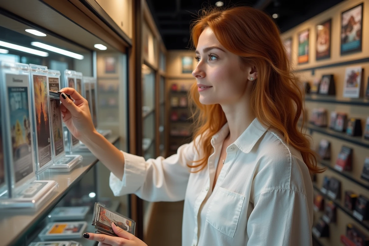 Femme parcourant des cartes à collectionner dans une boutique spécialisée moderne