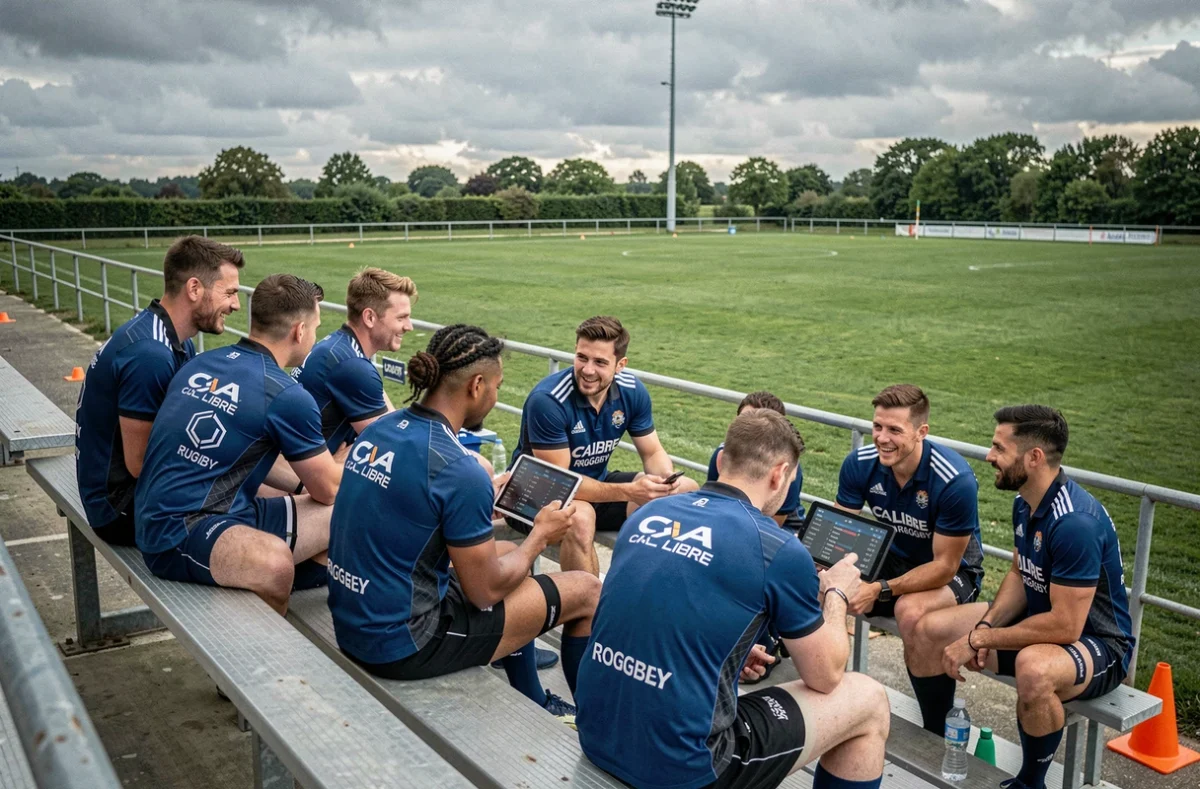 Joueurs amateurs de CA Libre Rugby consultant des statistiques en direct lors d'une pause d'entraînement