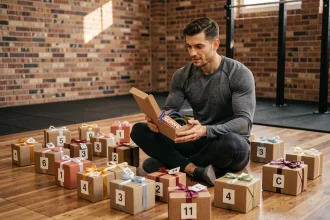 Homme sportif découvrant son calendrier de l'Avent fitness avec 24 cadeaux bien-être et sport sur un parquet de salle de gym