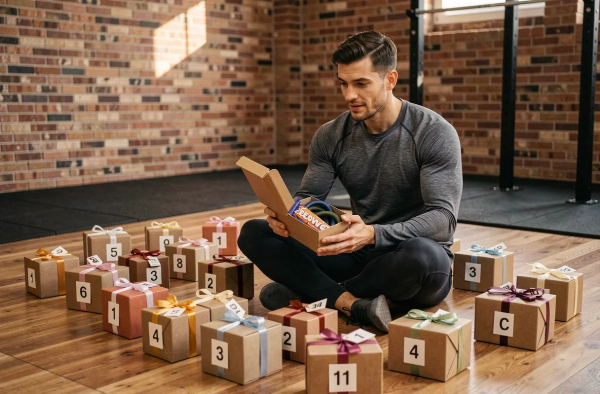 Homme sportif découvrant son calendrier de l'Avent fitness avec 24 cadeaux bien-être et sport sur un parquet de salle de gym