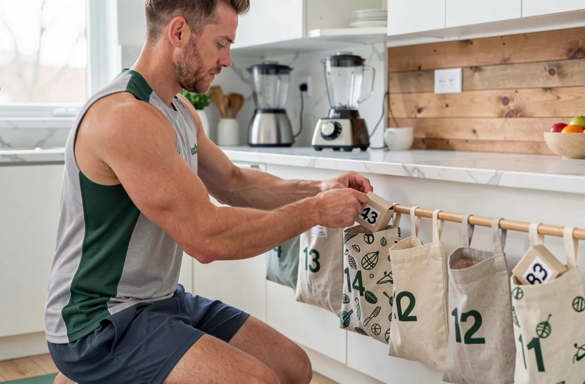 Homme musclé préparant un calendrier de l'Avent sportif maison avec des pochettes numérotées dans une cuisine moderne et saine
