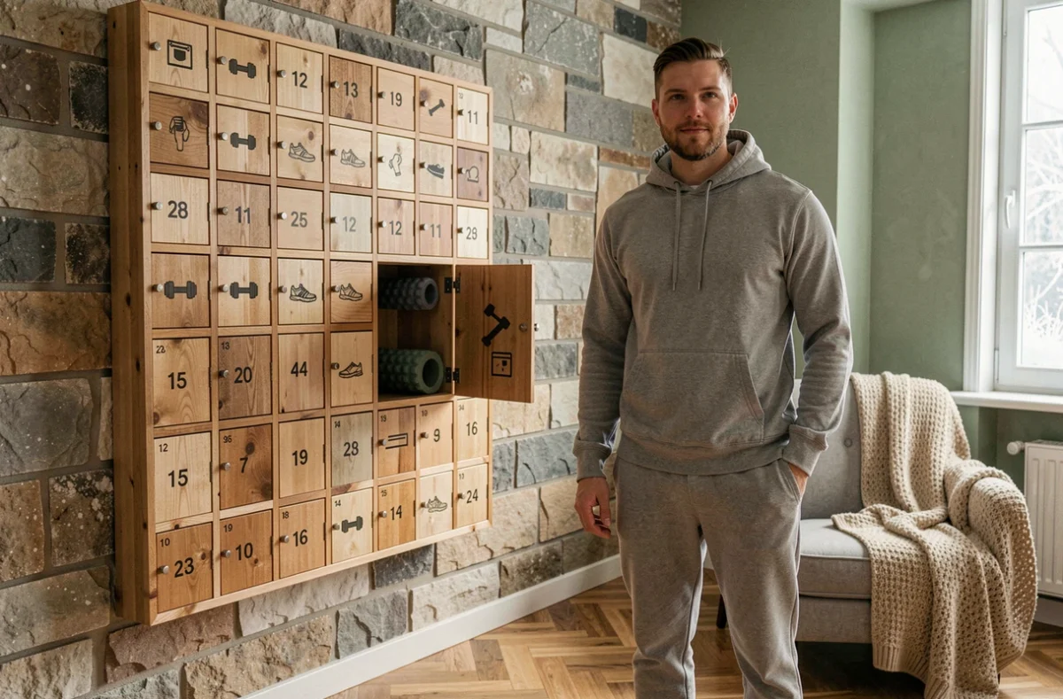 Homme barbu en tenue de sport devant un calendrier de l'Avent en bois accroché au mur avec des cadeaux sportifs numérotés