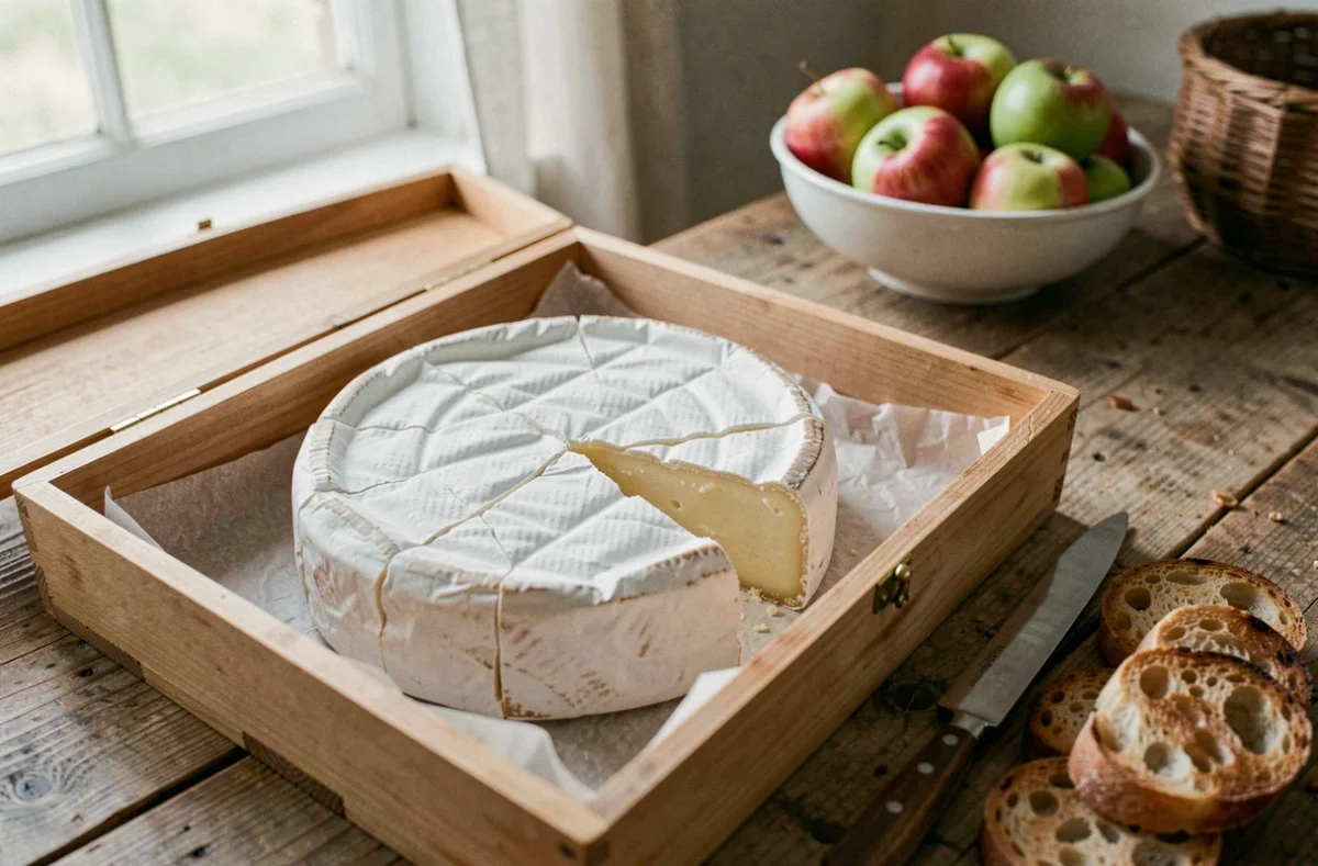 Camembert entier dans sa boîte en bois avec sa croûte fleurie légèrement ouverte