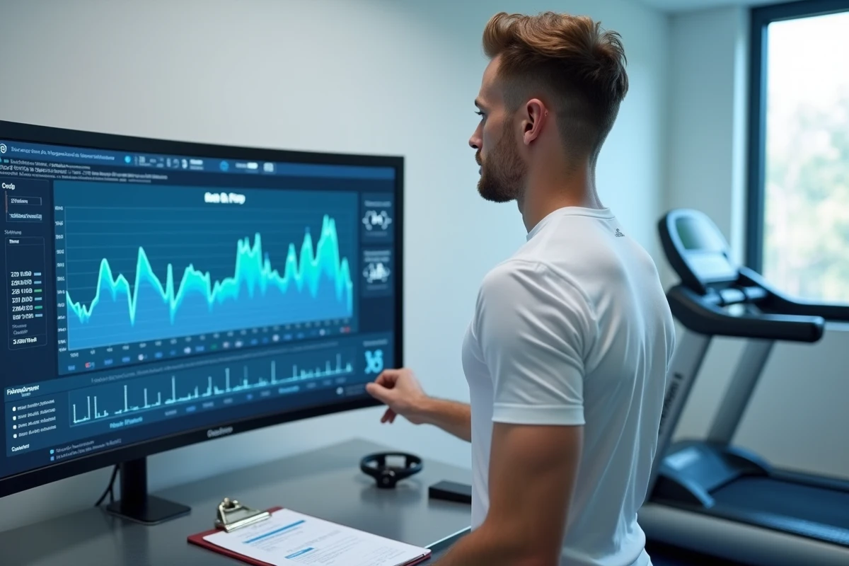 Homme portant un cardiofréquencemètre analysant des données physiologiques en temps réel sur écran dans un laboratoire sportif