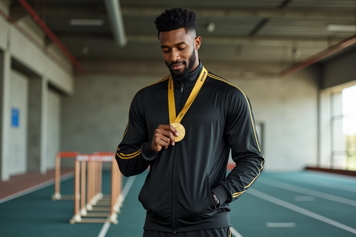 Champion sprinter tenant une médaille d'or dans un centre d'entraînement d'athlétisme professionnel en intérieur