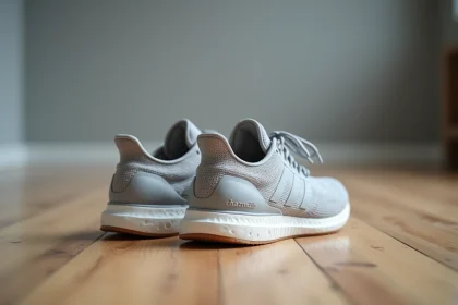 Gros plan sur une paire de chaussures de sport posée sur un parquet en bois, détails de la semelle et de la tige en mesh visibles