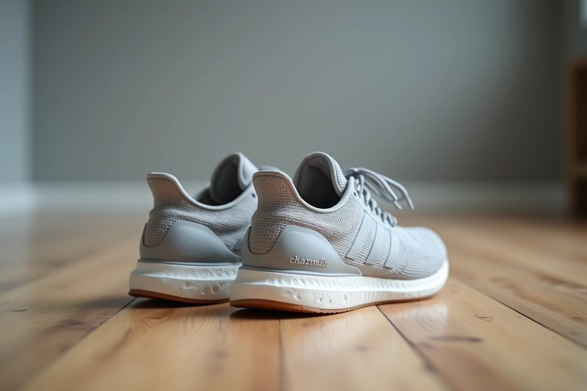Gros plan sur une paire de chaussures de sport posée sur un parquet en bois, détails de la semelle et de la tige en mesh visibles